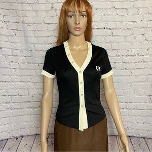 NWT New VHNY Black White Button Up Short Sleeve Top Cardigan Size S